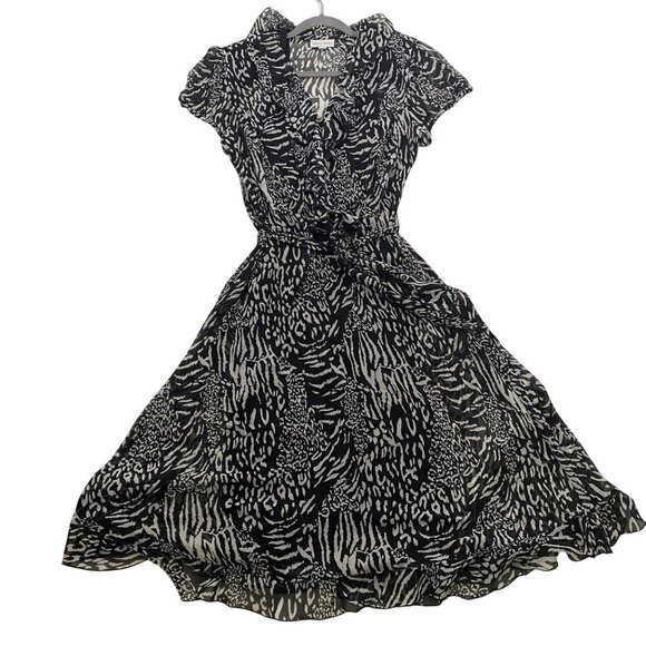 Vintage 90’s Fashion Bug Black & White Animal Print semi sheer ruffle Dress 16 - Picture 1 of 11